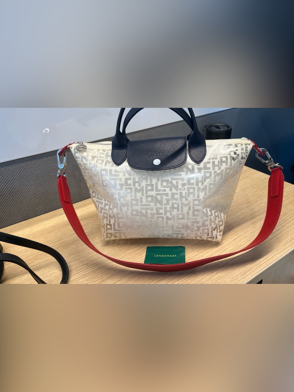 Longchamp LePliage transparent tote with Navy Trim and Red Strap